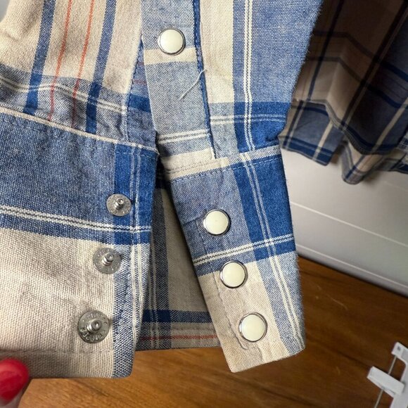 Wrangler Men's Long Sleeve Pearl Snap Blue & Cream Plaid Shirt 18 1/2 x 36 - Picture 10 of 11